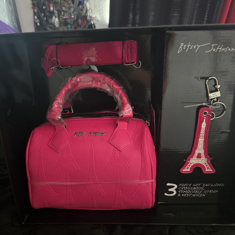 Betsey Johnson Pink Crossbody Bag with Eiffel Tower Charm